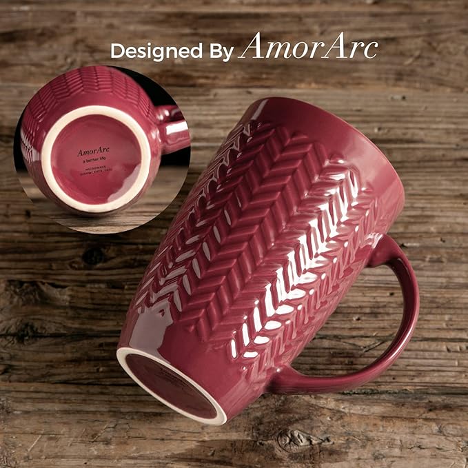 AmorArc Extra Large Coffee Mugs Set of 6, 20oz Ceramic Tall Coffee Mugs with Textured Geometric Patterns for Latte/Tea/Beer/Hot Cocoa, Dishwasher & Microwave Safe, Burgundy