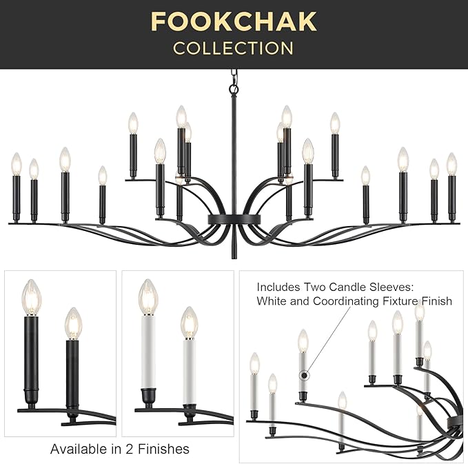 Black Living Room Chandelier 18 Light Hight Ceiling Foyer Candle Chandelier Large Dining Room Light Fixture Over Table 59in Metal Modern Chandeliers Hanging Light for Entry Master Bedroom