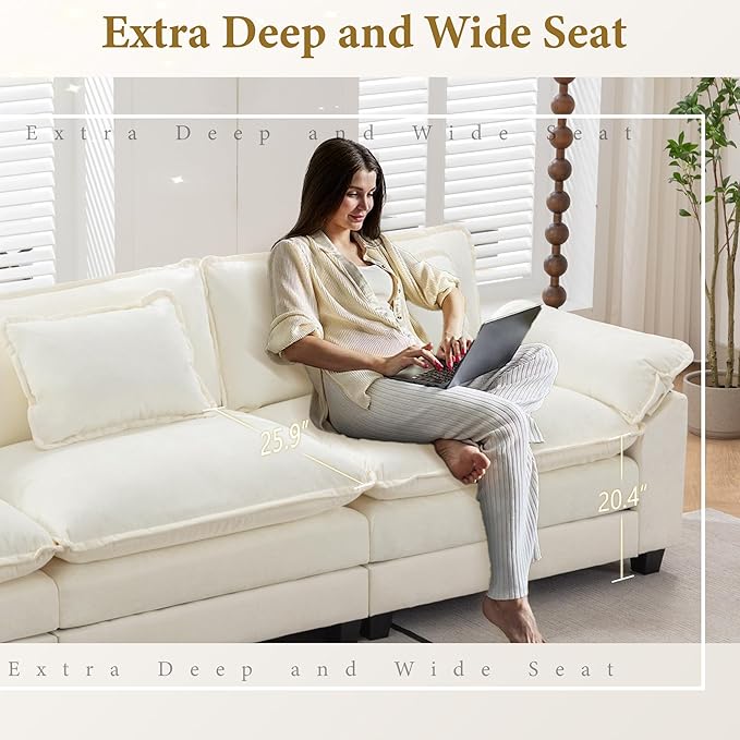 URRED Modular Sectional Sofa Comfy Cloud Couch, Modern Chenille Sofa Sleeper Deep Seat Couches with Ottoman/Pillows for Living Room (White, 82.6''- L Shape)