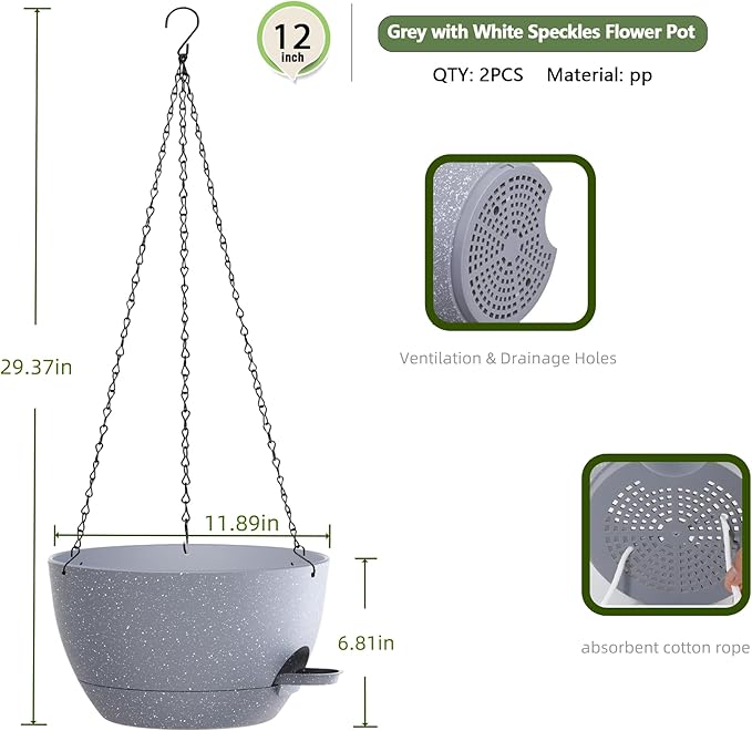 12 Inch Hanging Baskets 2 PC with Chains, Self-Watering Hanging Planters for Indoor Outdoor Plants, Plastic Hanging Flower Pots,Speckled Grey