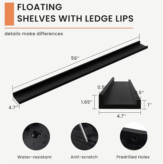 Solid Ash Wood Picture Ledge Shelf, Floating Shelves Set of 2, 56 Inch Long Large Ledge Shelves, Nursery Book Shelves Wall Mounted for Living Room Bedroom Kitchen Decor Kids Bookshelf, Black