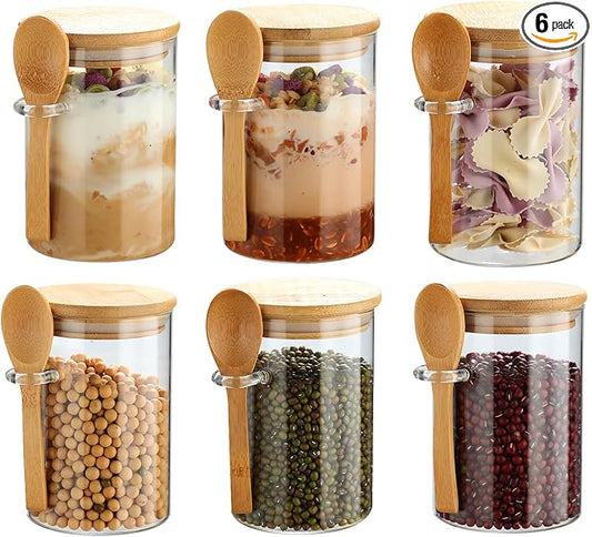 6 Pack Glass Jars with Bamboo Lids and Spoons for Loose Leaf Tea Storage, 17 OZ Glass Overnight Oat Container with Lid and Scoop, Glass Canister Set as Tea Container for Loose Leaf Tea Holder