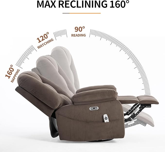 Power Swivel Rocker Recliner Chair for Adults,Rocking Recliners Chairs with Massage and Heat for Living Room, Electric Fabric Reclining Sofa Chair with USB and Type-C Port (Fabric Brown)