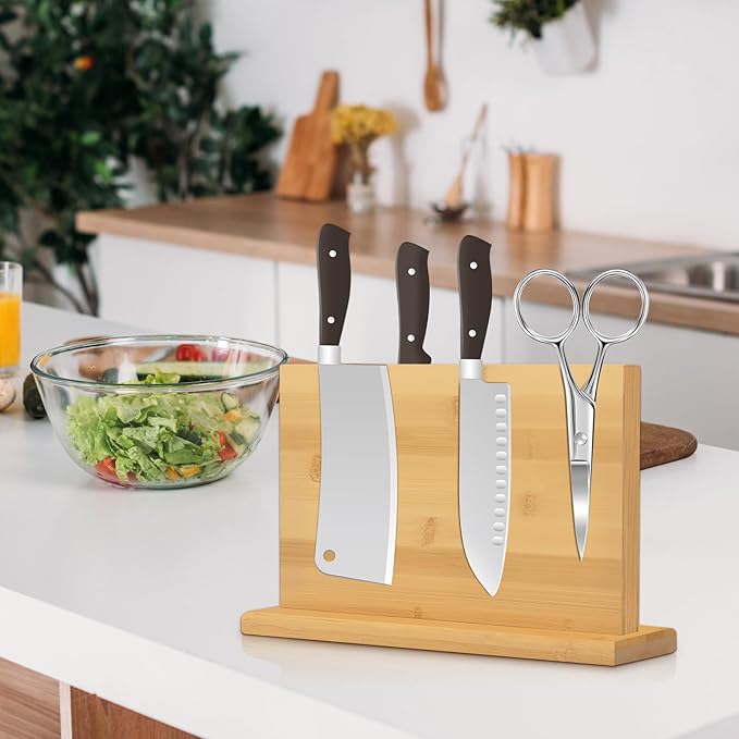 Magnetic Knife Block 28 x 19 Inches, Double Sided Magnetic Knife Holder Rack for Kitchen Counter, Acacia Wood Magnetic Knife Storage Stand with Knife Sharpener