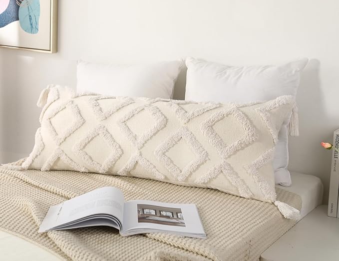 PANOD Decorative Long Lumbar Pillow Cover 14x36 Boho,Super Soft Chenille Extra Long Lumbar Pillow Case Cover with Tassel for Bed Sofa Couch Farmhouse Livingroom,White,Modern Skinny