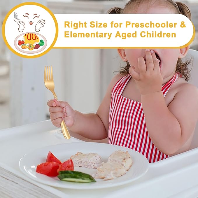 E-far 10-Piece Gold Toddler Utensils, Kid Stainless Steel Silverware Set, Children Safe Forks and Spoons Set for Self Feeding, Healthy & Non-Toxic, Mirror Polished & Easy to Clean