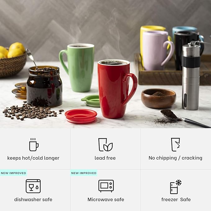 MITBAK 6-Pack Ceramic Coffee Mug Set with Lids (16-Ounce) | Large Colored Insulated Tumbler Mugs Set Great for Taking Your Coffee & Tea To-Go | Excellent Choice for Camping, Travel & Office