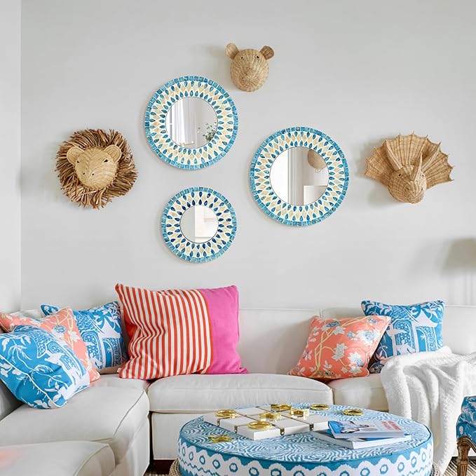 TEIPAI Handmade Mother of Pearl Mirror for Wall Decor, 3PCS Round Decorative Mirrors for Beach Nautical Home Hotel Coffee Shop, Natural Plate Art Hanging Sculpture for Dorm Apartment Entryway (Blue)