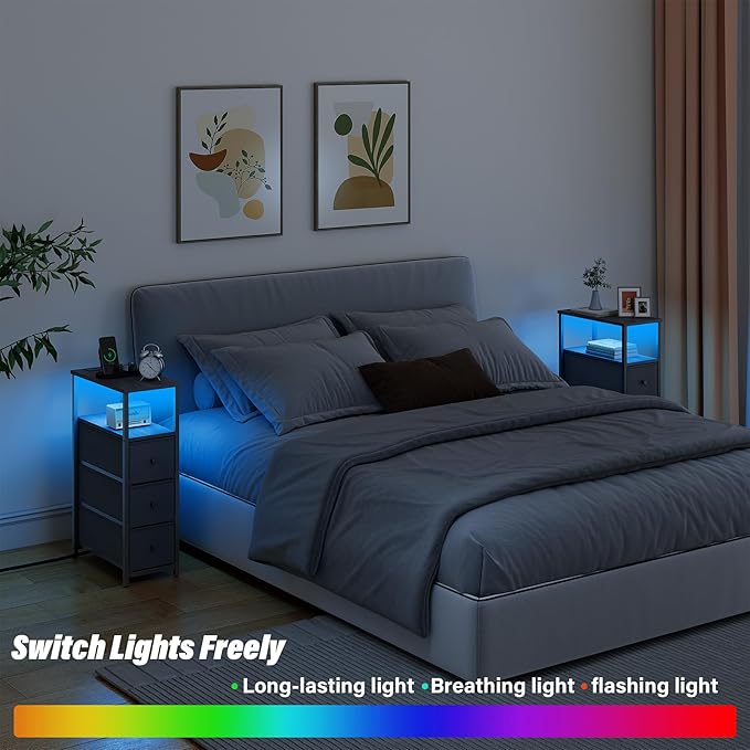 TUTOTAK Narrow LED Night Stand with Charging Station, Slim End Table with Plugins, Tall Side Table with 3 Fabric Drawer, Small Bedside Table with Storage, for Living Room, Black TB01BK086L