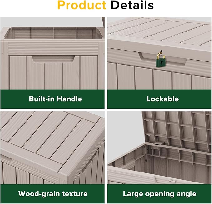 46 Gallon Outdoor Deck Box,Storage Lockable Waterproof Patio Furniture,Garden Tools,Cushions,Pool Accessories Outside Storage Resin Box(Light Brown)