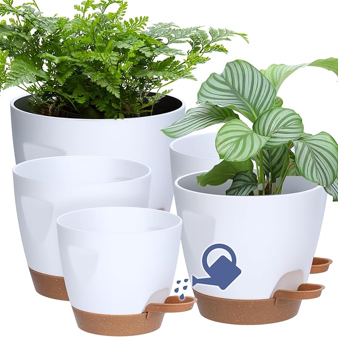 Uneed Indoor Self Watering Planters with Drainage Holes and Saucers, 7/6.5/6/5.5/5 Inch-5 Pots,for Indoor Plants, Herbs, Succulents (White)