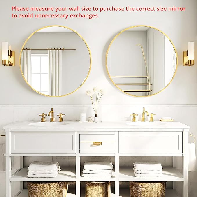 Fabuday Gold Circle Mirror for Bathroom - 24 Inch Golden Framed Round Mirror for Wall Decor, Living Room, Bedroom, Entryway Circular Mirrors