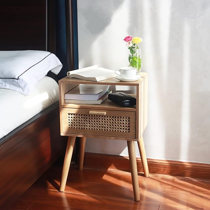 MaxSmeo Modern Nightstand Rattan Side End Table with Storage, for Living Room, Bedroom and Small Spaces, Accent Bedside Farmhouse Tables with Solid Wood Legs, Easy Assembly (Natural Walnut)