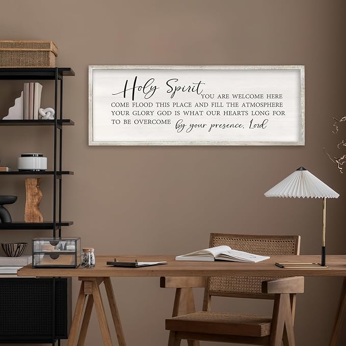 Holy Spirit You are Welcome Here Wall Decor Art 40x15 Inch Large Christian Song Bible Verse Plaque Wood Framed Sign Living Room Scripture Quote Religious For Office Wall Hanging (White)