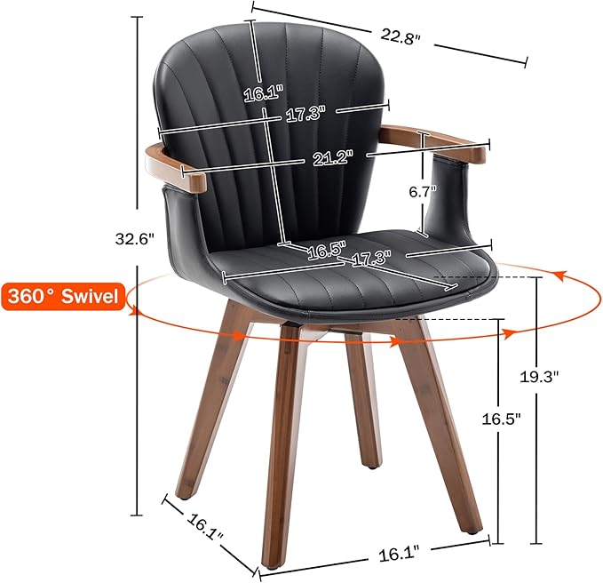 LUNLING Swivel Dining Room Chairs Set of 2, Mid Century Modern Black Faux Leather Kitchen Chairs with Arms,Bamboo Legs Side Chairs No Wheels,Accent Chair for Dining Rooms and Offices
