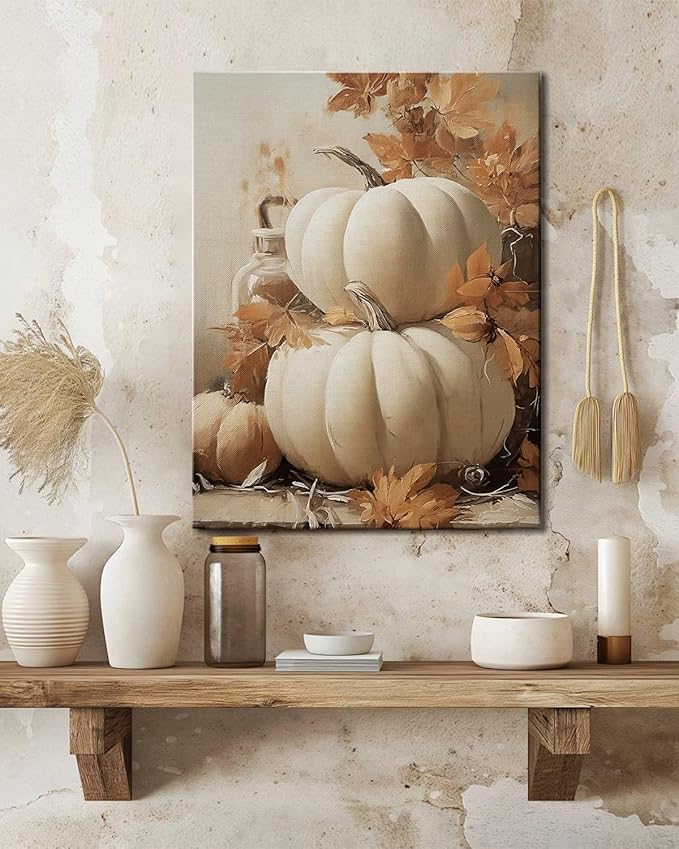 Farmhouse Autumn Pumpkin Wall Art Decor, Rustic Fall Canvas Prints Framed for Living Room Kitchen Dining Room, Thanksgiving Decorations and Cozy Fall Wall Art Picture, Ready to Hang