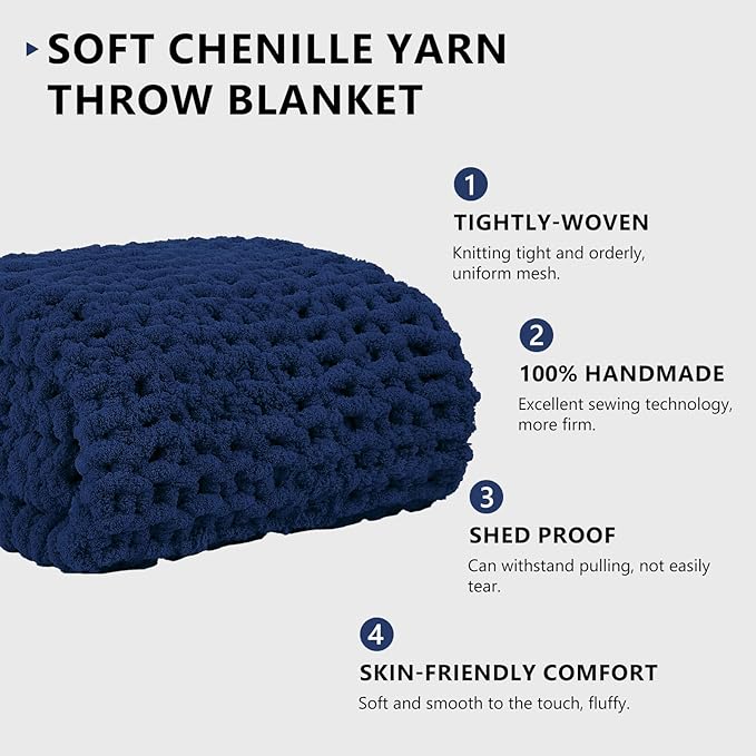 L'AGRATY Chunky Knit Throw: 72''x84'' Chenille Blanket for Bed Couch - Handmade Thick Big Cable Knit - Large Crochet Throw for Home Decor (Navy Blue)
