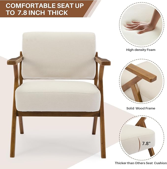 Mid-Century Modern Chair Upholstered Lounge Arm Chair with Solid Wood Frame Thicker Cushion for Living Room, Reading, Balcony, Beige Linen