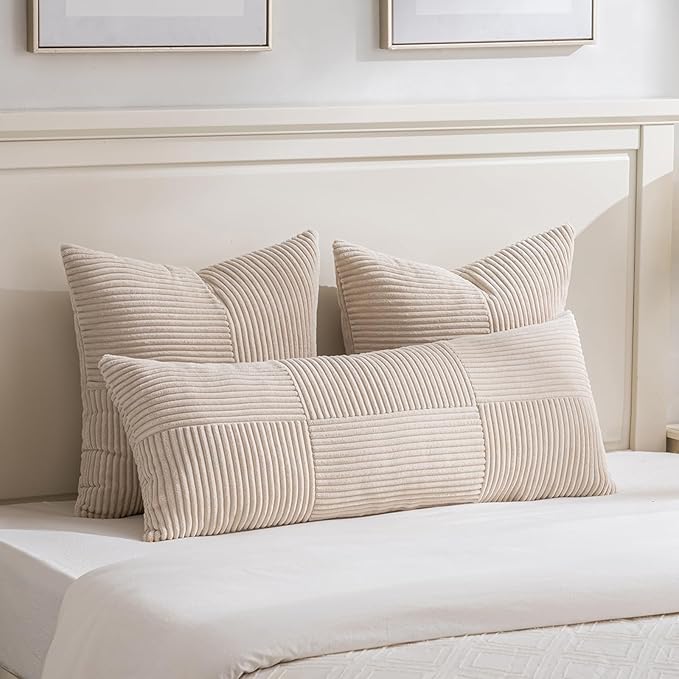 Fancy Homi 2 Packs Tan Decorative Throw Pillow Covers 22x22 Inch for Living Room Couch Bed Sofa, Rustic Farmhouse Boho Home Decor, Soft Corss Corduroy Patchwork Accent Beige Cushion Case 55x55 cm