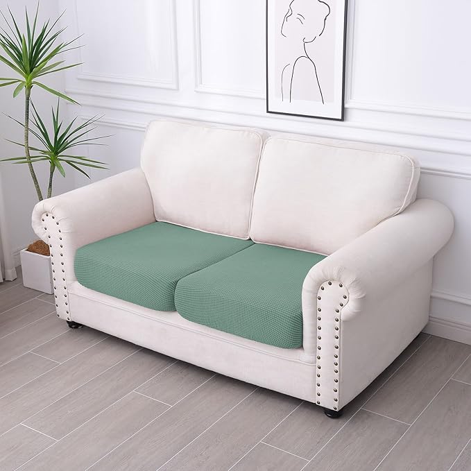 hyha Waterproof Couch Cushion Covers for Pets, Non Slip Sofa Seat Cover for Dogs Washable, Soft Thick Stretch Jacquard Fabric, Sofa Slipcovers with Elastic Bottom (2 Pieces, Green)