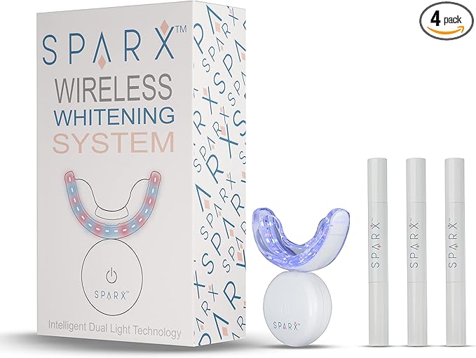 SPARX Wireless Teeth Whitening Kit with LED Light for Sensitive Teeth Remove Stains Like Coffee, Smoking, Wine. Whiten Smile for Long Lasting Results, Includes 3 Gel Syringes, 1 Dual LED Mouthpiece