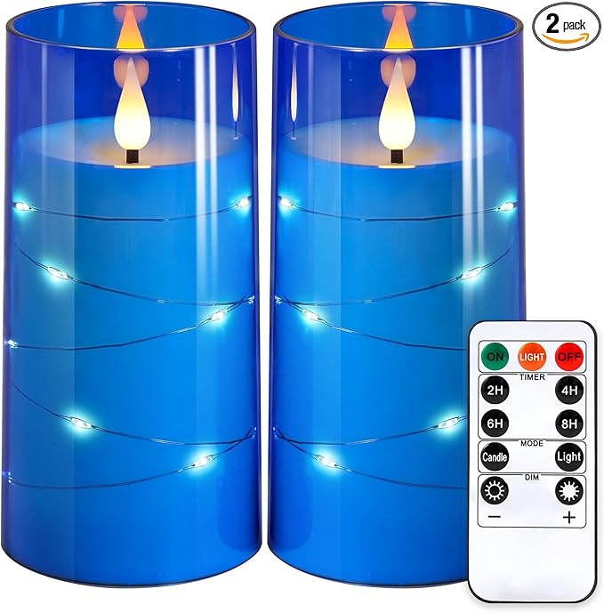 NURADA 3"x6"Flickering Flameless Candles: Built-in Star String 3D Wick Battery Operated LED Candles with Remote and Timer for Wedding Valentine's Day Decor, Blue 2 Pack