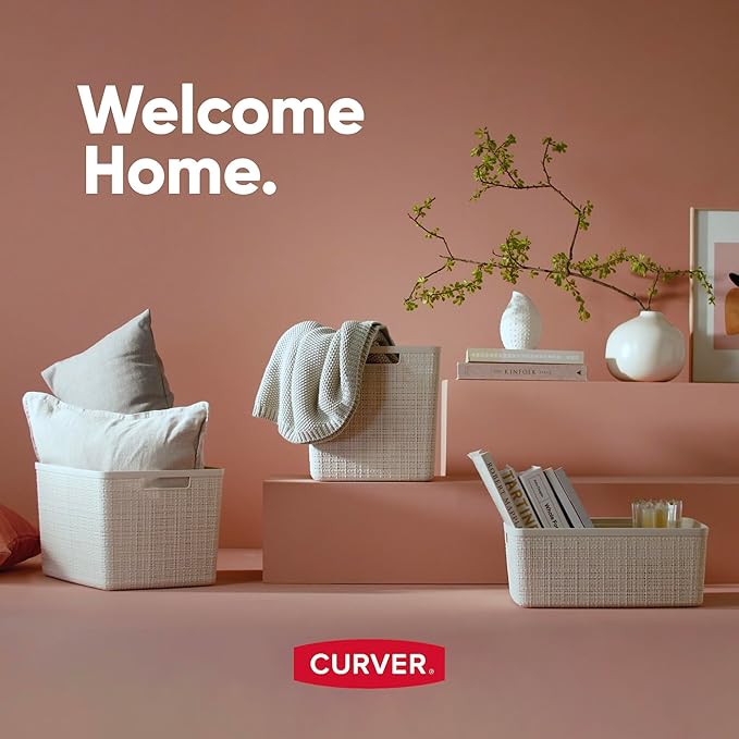 Curver Jute Decorative Plastic Organization and Storage Basket Perfect Bins for Home Office, Closet Shelves, Kitchen Pantry and All Bedroom Essentials, Small, Grey, Set of 8