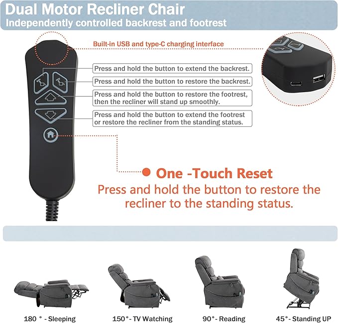Power Lift Recliner Chair for Adults Elderly Lay Flat Velvet Recliners with Massage Heating, Extended Footrest, Wireless Charging Device, USB Ports, Cup Holder, Lumbar Pillow