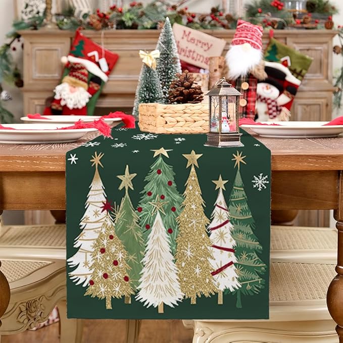 GEEORY Christmas Table Runner 13x48 Inch, Xmas Trees Snowflakes Holiday Decorative Farmhouse Table Decoration for Kitchen Dinning, Indoor Outdoor Dinner Party Decor (Green) GT152-48