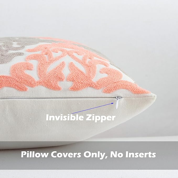 HWY 50 Coral Pink Decorative Throw Pillow Covers 18x18 Inch (1 Piece), Embroidered Cotton Farmhouse Cushion Cover Pillow Case for Sofa Couch Living Room Bed Bedroon, Floral Geometric
