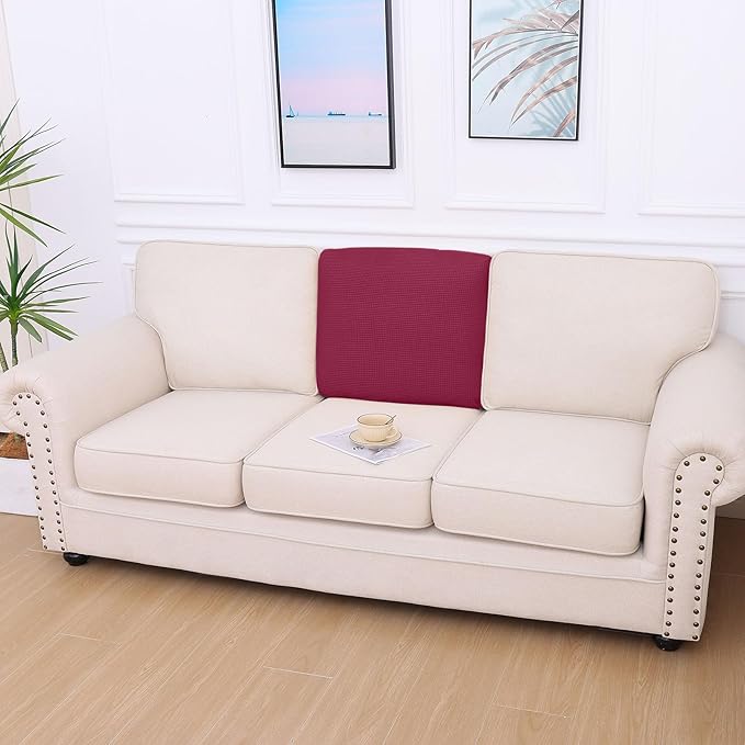 hyha Waterproof Couch Cushion Covers for Pets, Non Slip Sofa Seat Cover for Dogs Washable, Soft Thick Stretch Jacquard Fabric, Sofa Slipcovers with Elastic Bottom (1 Piece for Backrest L, Wine Red)