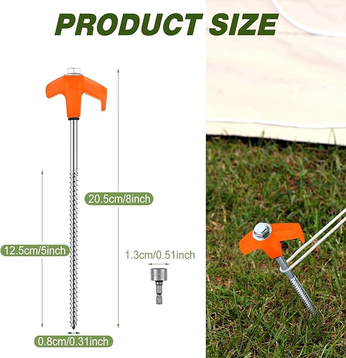 Hicarer 10 Pcs 20 Pcs 8'' Screw in Tent Stakes Heavy Duty Ground Metal Stakes for Inflatables with Hex Head Driver for Outdoor Camping Tent Inflatable Garden Decor (Orange)