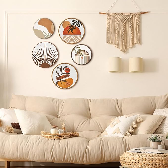 Qunclay 5 Pcs Wall Art Decor Wooden Living Room Wall Decor Bohemian Hanging Farmhouse Geometric 10'' and 8'' Aesthetic Wood Minimalist Posters for Bedroom(Boho)