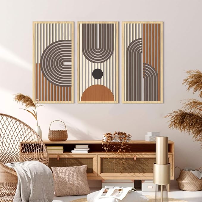 IARTTOP Mid century Modern Decor 16x32 Inch Large Boho Wood Wall Art Abstract Wooden Wall Decor Minimalist Bohemian Orange Artwork for Living Room Bedroom Office Set of 3