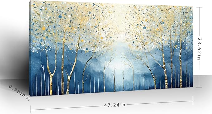 amatop Large Abstract Wall Art for Living Room Modern Tree of Life Canvas Art Print Nature-Inspired Navy Blue Wall Decor Landcape Artwork Birch Forest Picture Bedroom Office Dining Entryway 48x24 Inch
