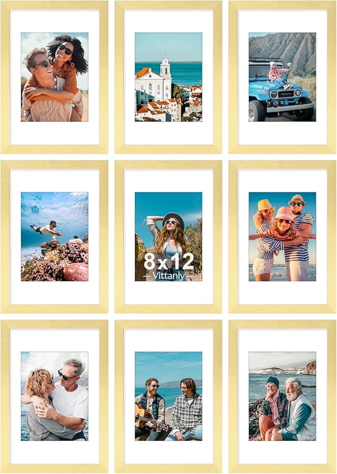 Vittanly 8x12 Picture Frames Set of 9, Shatter Resistant Plexiglass, Display 6x8 Pictures with Mat or 8x12 without Mat, Photo Frames for Wall or Tabletop, Engineered Wood, Gold