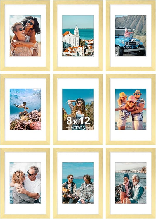 Vittanly 8x12 Picture Frames Set of 9, Shatter Resistant Plexiglass, Display 6x8 Pictures with Mat or 8x12 without Mat, Photo Frames for Wall or Tabletop, Engineered Wood, Gold