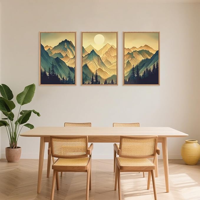 Celestdeco Mountains Forests Framed Canvas Wall Art Set, Abstract Sun Woodland Painting, Boho Scenery Sun Wall Decor, Natural Woodgrain Art Print for Living Room, Bedroom, Dining Room, Office - 16"x24"x3