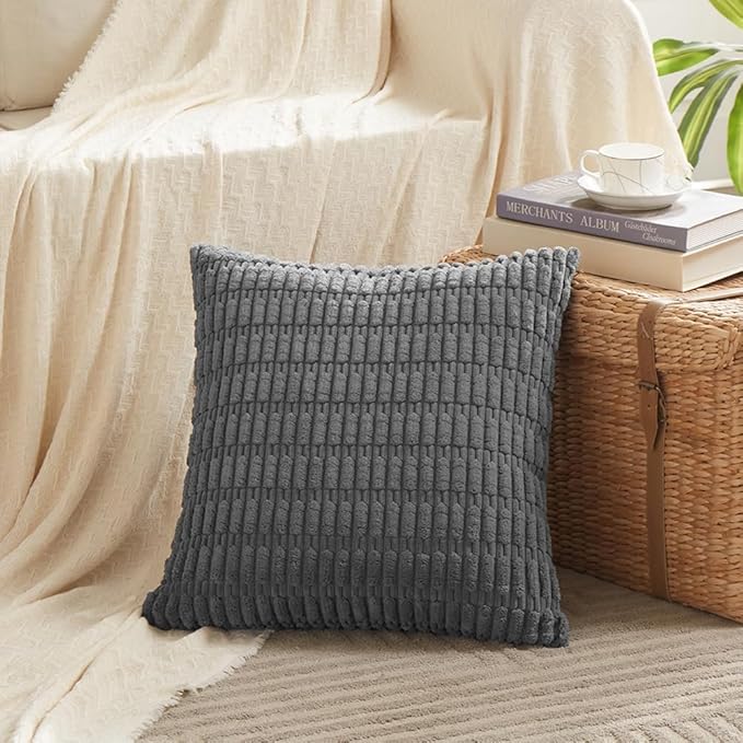 Fancy Homi 4 Packs Dark Grey Decorative Throw Pillow Covers 20x20 Inch for Living Room Couch Bed Sofa, Modern Farmhouse Boho Home Decor, Soft Plush Corduroy Square Cute Accent Cushion Case 50x50 cm