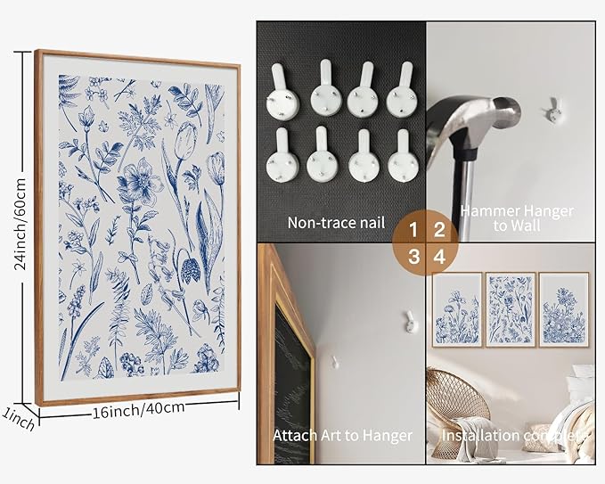 SIGNINART Classic Chinoiserie Botanical Framed Canvas Wall Art, Blue and White Floral Wall Decor, Minimalist Flower Artwork, Navy Blue Wildflower Art Painting for Bedroom Living Room Office 24"x36"x3