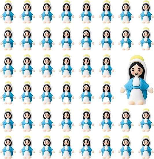 50 Pcs Mini Virgin Mary Figurines Bulk – 1.38" Little Mary Statues, Blue and White Holy Mother Figures for Religious Party Favors, VBS, Catholic Mini Gifts