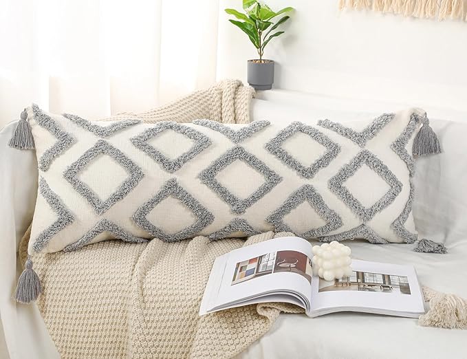 PANOD Decorative Long Lumbar Pillow Cover 12x40 Boho,Super Soft Chenille Extra Long Lumbar Pillow Case Cover with Tassel for Bed Sofa Couch Farmhouse Livingroom,Grey,Modern Skinny