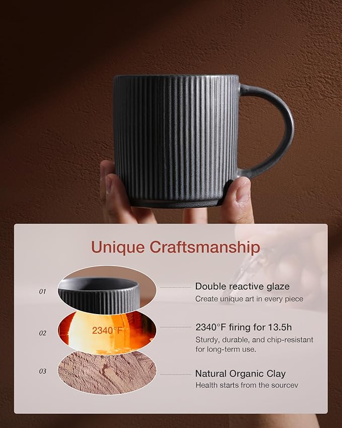 famiware Coffee Mug Set for 6, Star 12 oz Catering Mugs Cup Set with Handle for Coffee, Tea, Cocoa, Milk - Ceramic Stoneware Drinkware Set, Matte Dark Charcoal