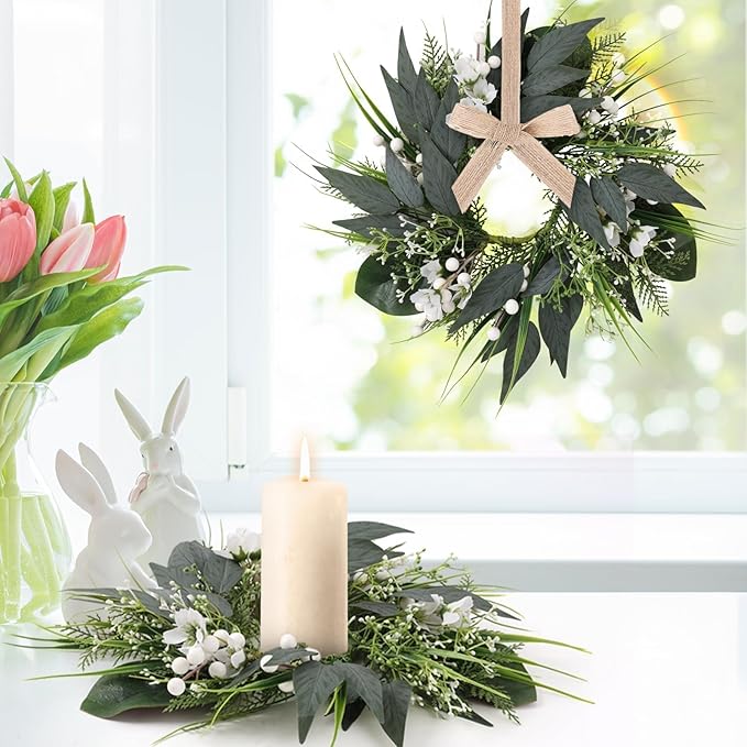 6 PCS Spring Wreaths for Front Door Green Wreath with White Flower Artificial Green Wreath with Ribbon for Pillar Front Door Porch Wall Window Farmhouse Decoration All Seasons