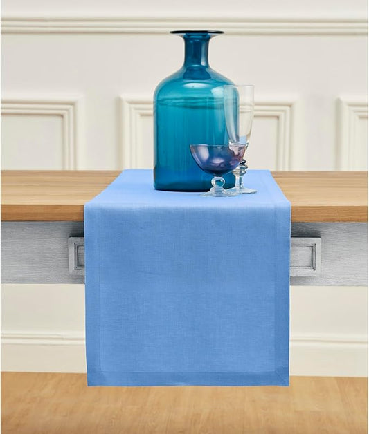 Solino Home Linen Table Runner 48 Inches - 100% Pure Linen Provence Blue Table Runner 14 x 48 Inch Ideal for Dresser and Coffee Tables - Fete