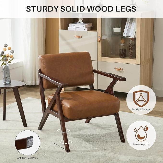 Mid-Century Modern Lounge Armchair - Genuine Brown Leather with Solid Wood X-Base Frame, Seat Cushion - for Living Room, Study, Balcony Retro Design, Brown Leather