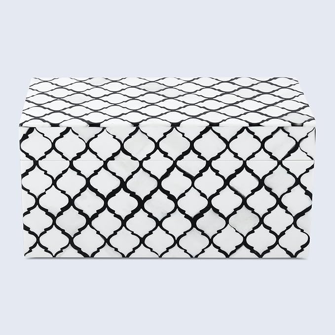 Handicrafts Home Handmade Moroccan Pattern Inspired Decorative Box - Large Storage Organizer for Neck Chains, Watches, Memory Keepsakes - Boho Style Treasure Box, Multipurpose Gift - B&w, 10x5x5