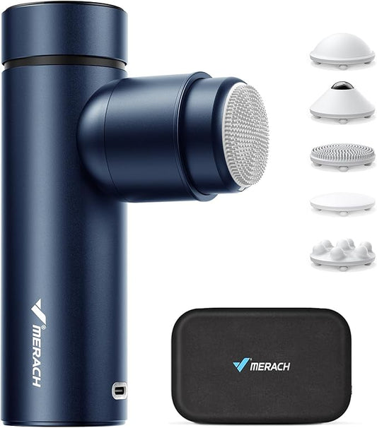 MERACH Mini Massage Gun with 8mm Amplitude, Percussion Massage Tools with 5 Massage Heads, Portable Hand Held Muscle Massagers for Pain Relief Deep Tissue, Cool Gifts for Mens and Women (Blue)