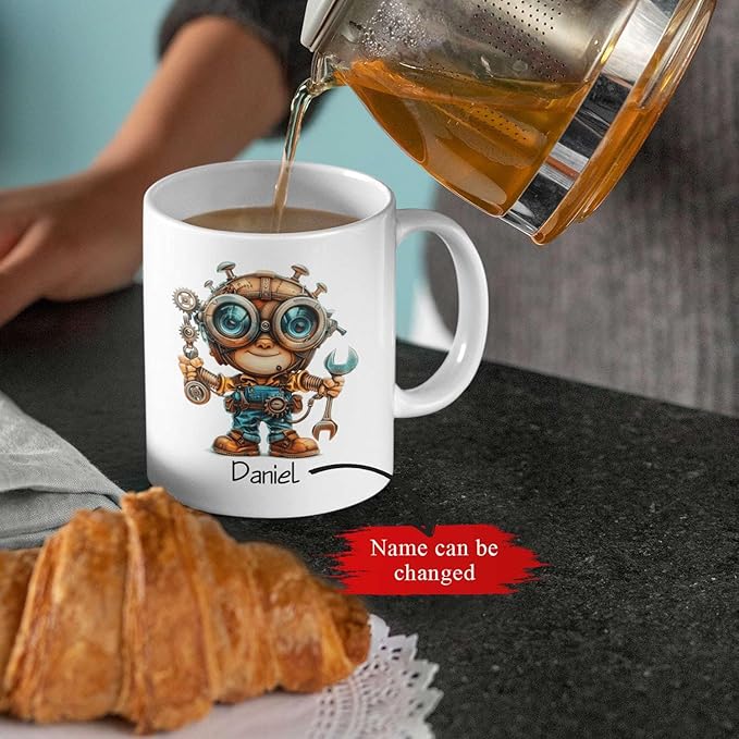 Personalized Tech Enthusiast Coffee Cup 11oz 15oz, Customized Steampunk Character Design Ceramic Mug, Unique Custom Name Mug Gift For Engineer, Kid Cup, Cute Mechanic White Cup