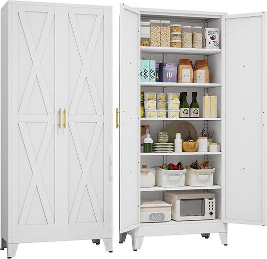 75" Tall Metal Kitchen Pantry Storage Cabinet, Freestanding Cupboard with 2 Doors and 5 Adjustable Shelves, Standing Storage for Kitchen, Bathroom, Garage, Dinning Room or Utility Room（White）
